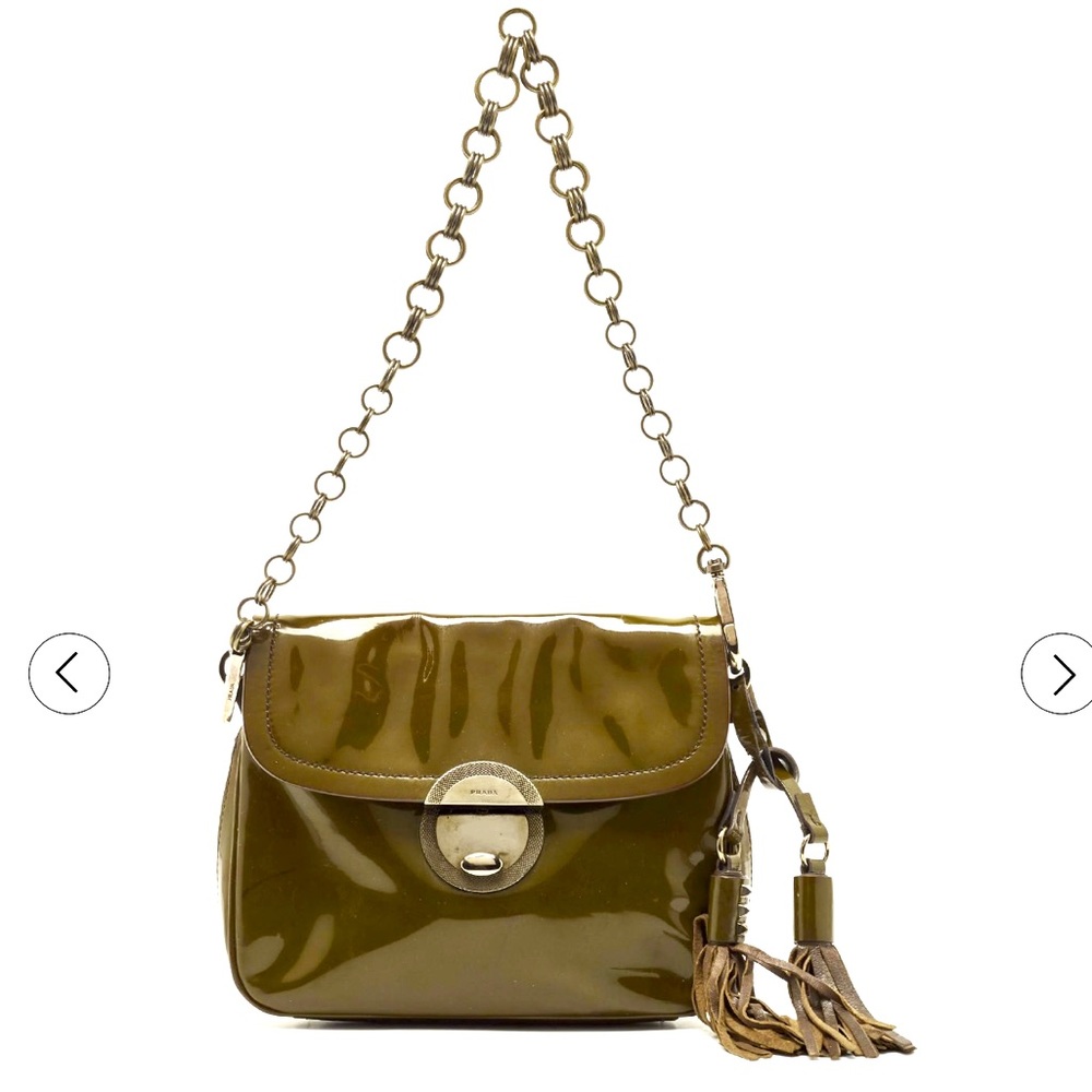 Olive Green Patent Leather Flap Chain Shoulder Bag by Prada